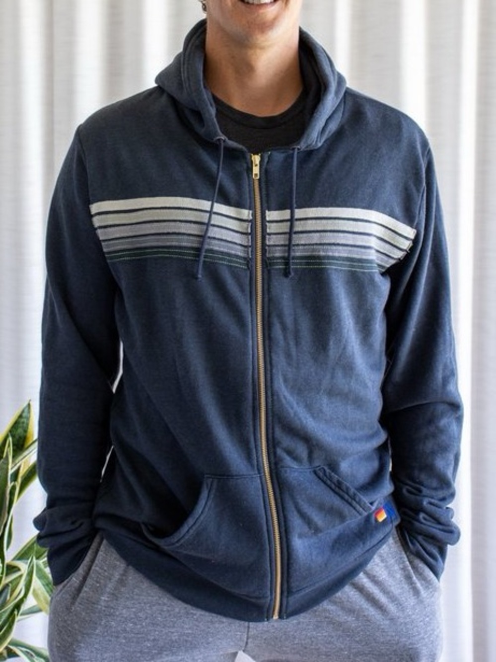 Aviator Nation 5 Stripe Zip Hoodie Navy Blue Size XL